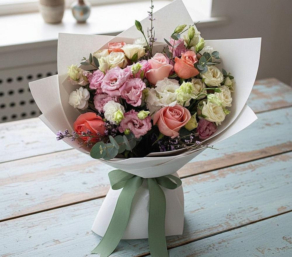 Букет цветов из: Розы, Лизиантусы и Гвоздики в Поселок Зверосовхоза